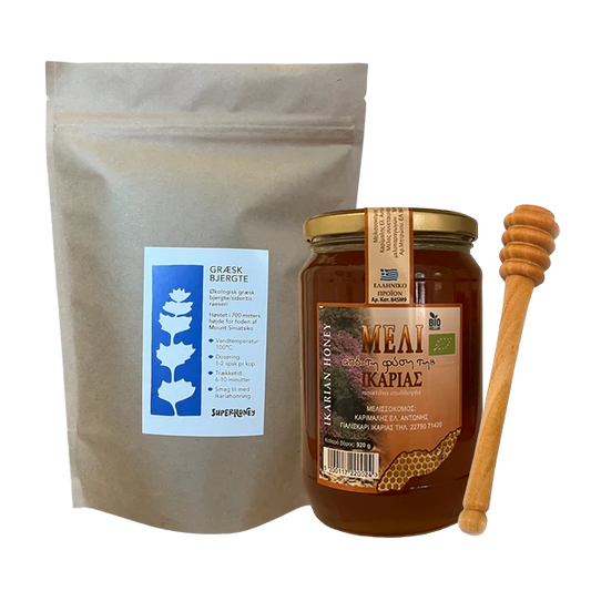 Ikaria Honning Wildflower & Pine (920g) + Græsk Bjergte + Honningske
